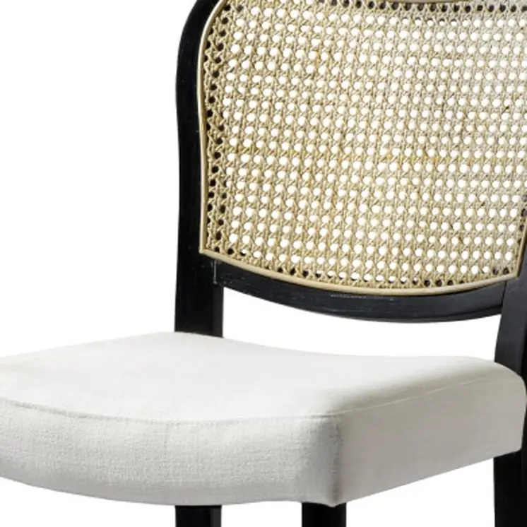 26" White Black and Natural Fabric Rattan and Solid Wood Counter Height Bar Chair