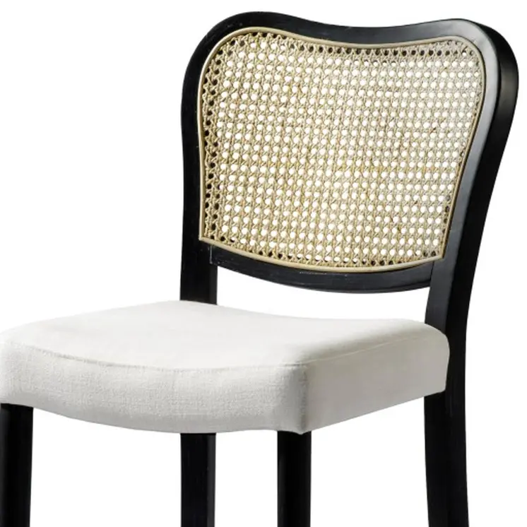 26" White Black and Natural Fabric Rattan and Solid Wood Counter Height Bar Chair