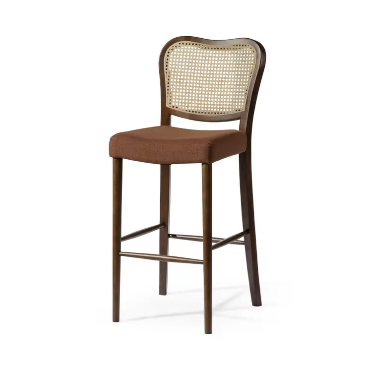 31" Brown and Natural Fabric Rattan and Solid Wood Bar Height Bar Chair