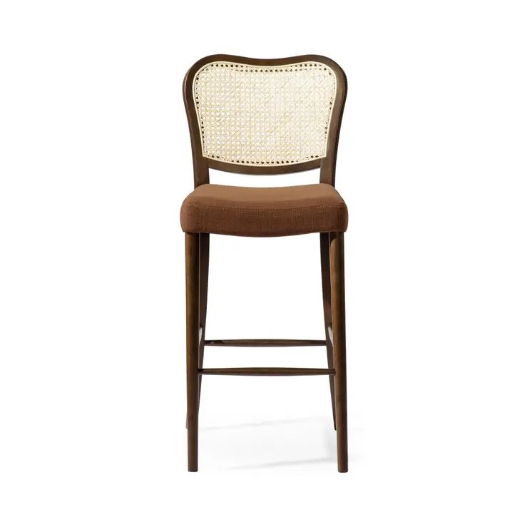 31" Brown and Natural Fabric Rattan and Solid Wood Bar Height Bar Chair