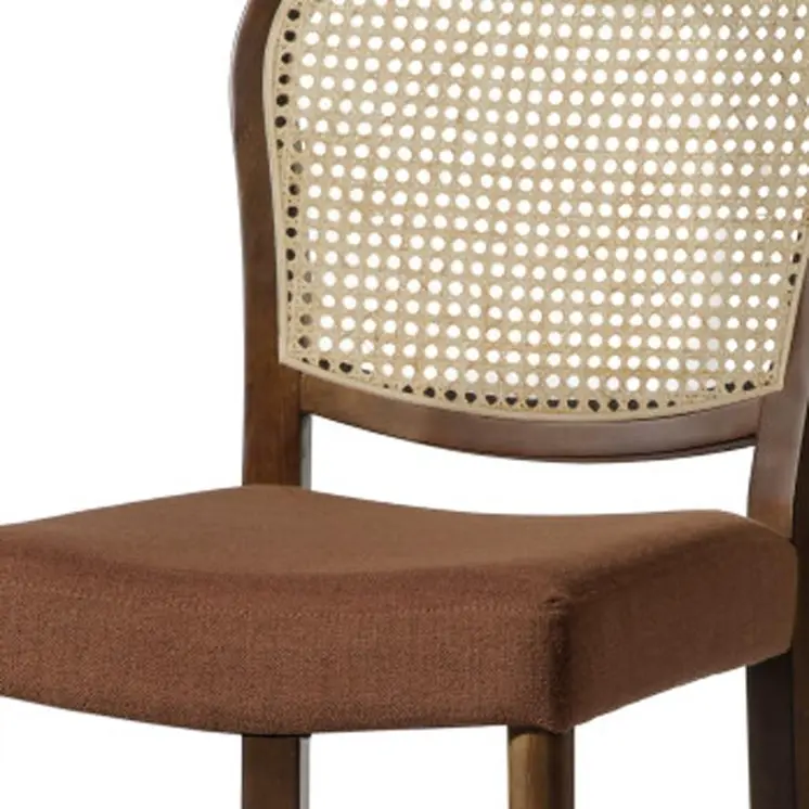 31" Brown and Natural Fabric Rattan and Solid Wood Bar Height Bar Chair