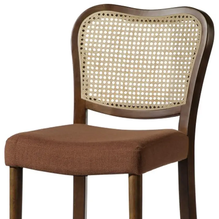 31" Brown and Natural Fabric Rattan and Solid Wood Bar Height Bar Chair