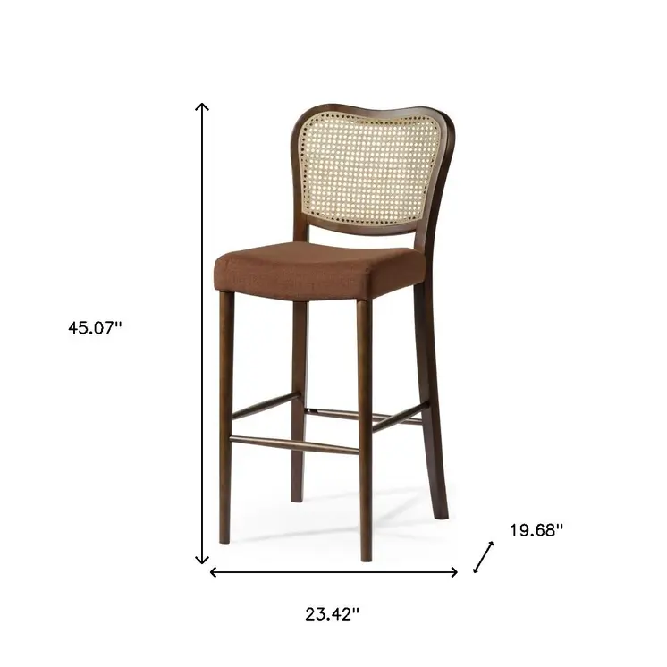 31" Brown and Natural Fabric Rattan and Solid Wood Bar Height Bar Chair
