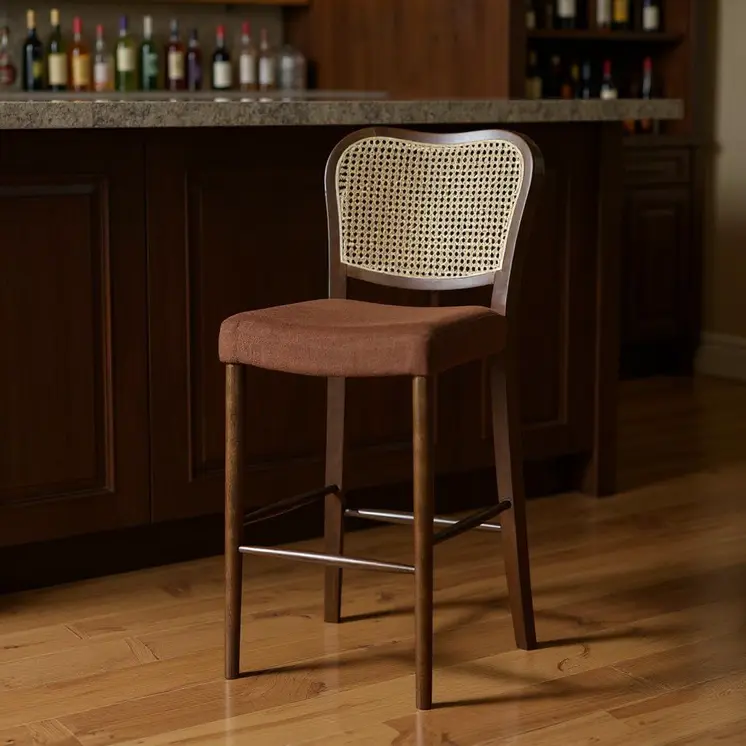 31" Brown and Natural Fabric Rattan and Solid Wood Bar Height Bar Chair