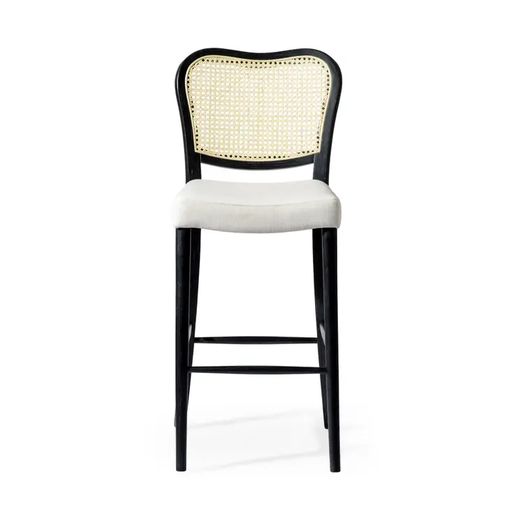 31" White and Black Fabric and Solid Wood Bar Height Bar Chair