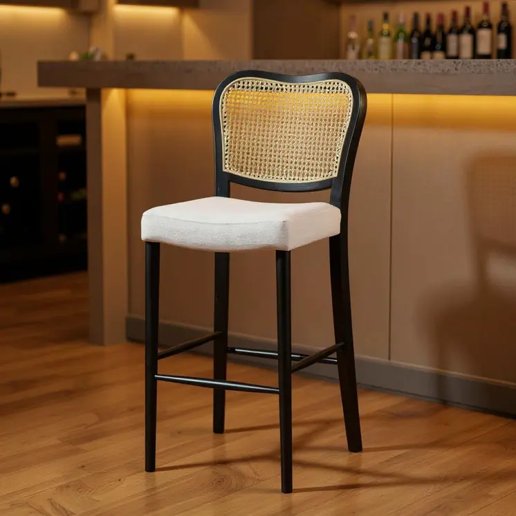 31" White and Black Fabric and Solid Wood Bar Height Bar Chair