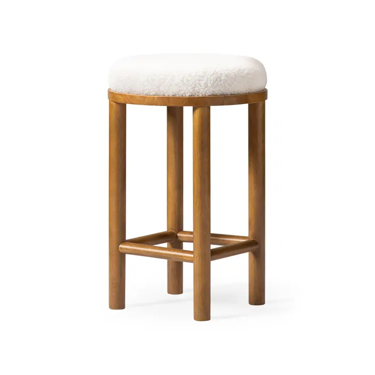 27" White and Natural Boucle and Solid Wood Backless Counter Height Bar Chair