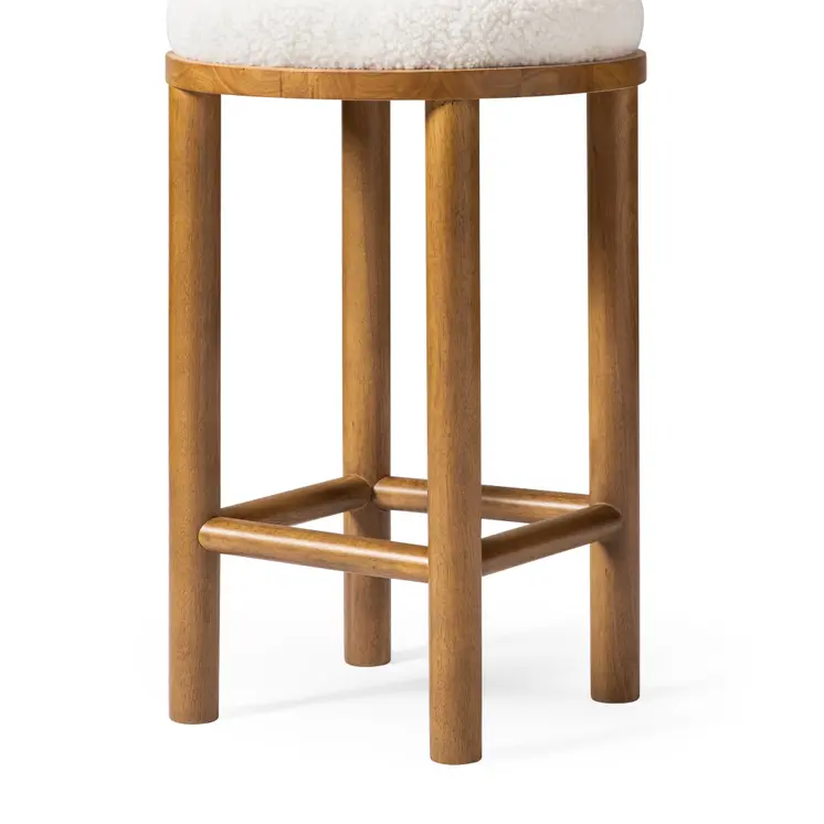 27" White and Natural Boucle and Solid Wood Backless Counter Height Bar Chair