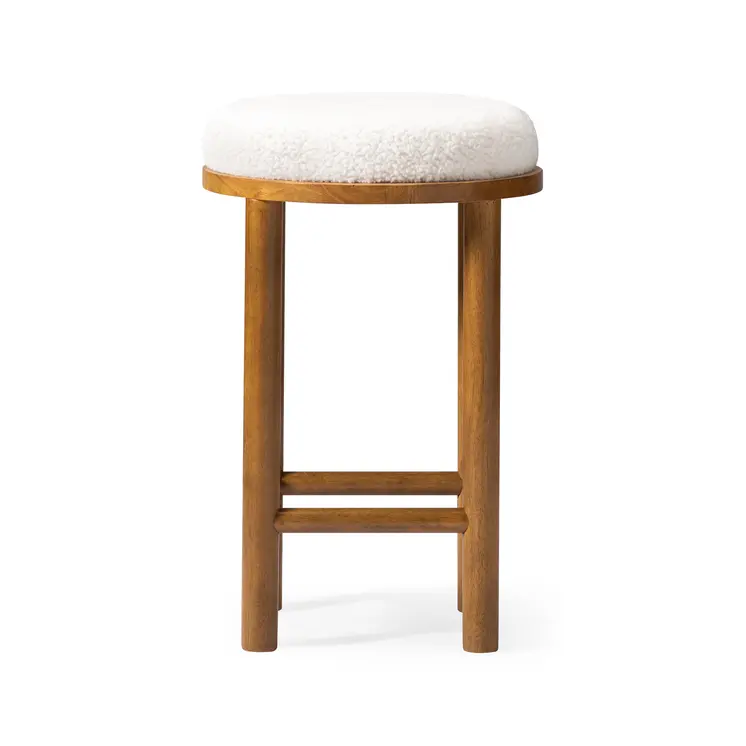 27" White and Natural Boucle and Solid Wood Backless Counter Height Bar Chair