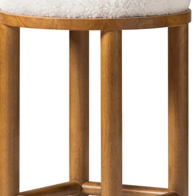 27" White and Natural Boucle and Solid Wood Backless Counter Height Bar Chair