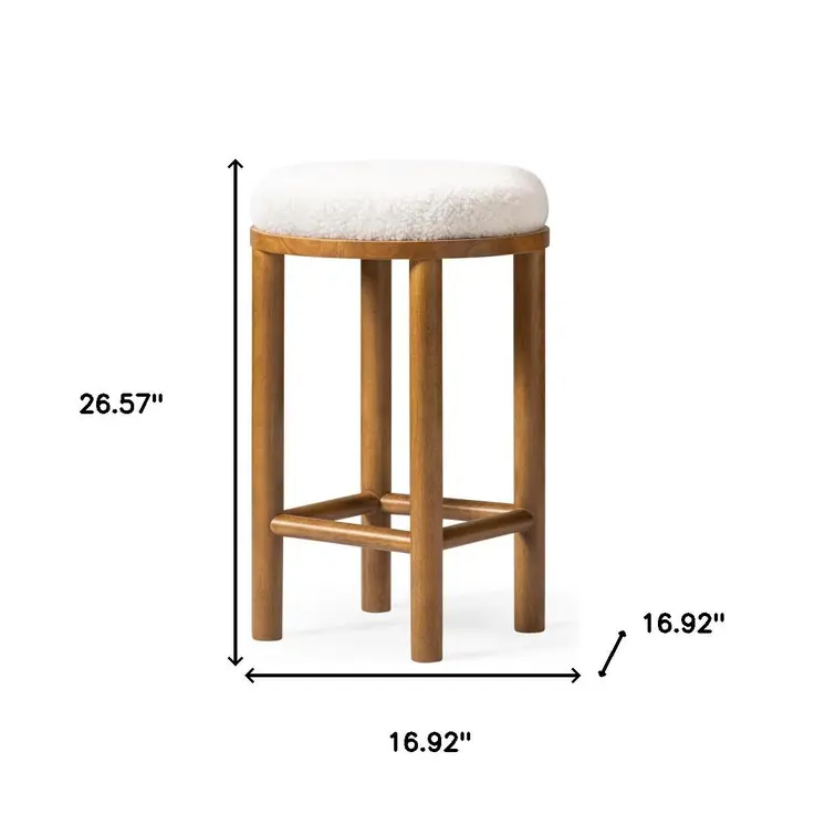 27" White and Natural Boucle and Solid Wood Backless Counter Height Bar Chair