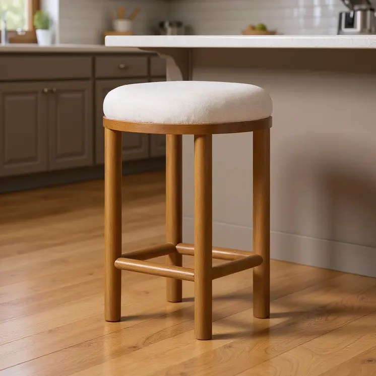 27" White and Natural Boucle and Solid Wood Backless Counter Height Bar Chair