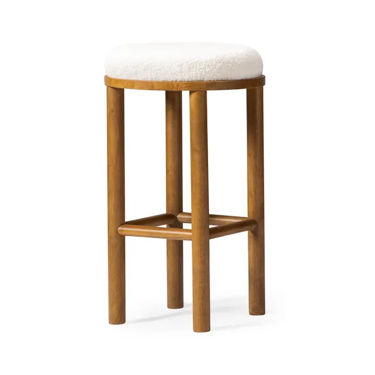 31" White and Natural Boucle and Solid Wood Backless Bar Height Bar Chair