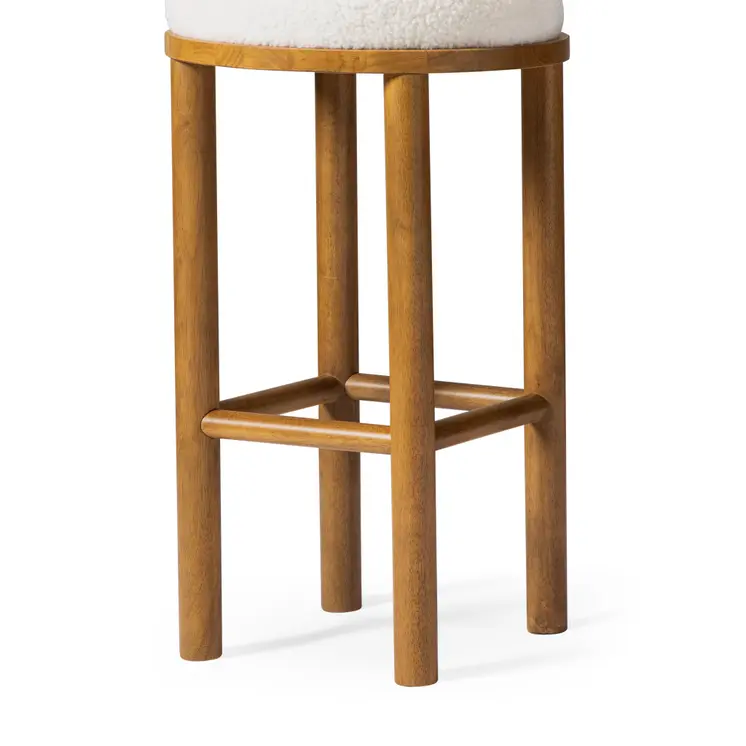 31" White and Natural Boucle and Solid Wood Backless Bar Height Bar Chair