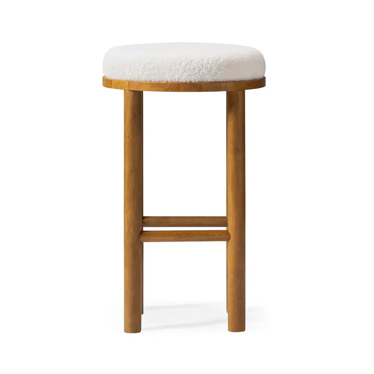 31" White and Natural Boucle and Solid Wood Backless Bar Height Bar Chair