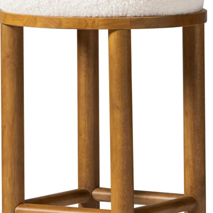 31" White and Natural Boucle and Solid Wood Backless Bar Height Bar Chair