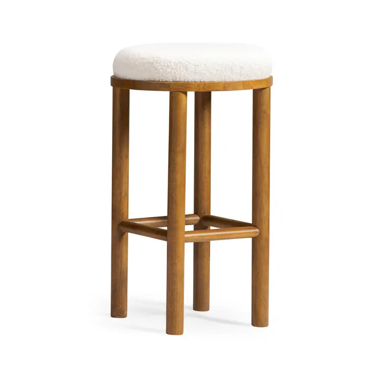 31" White and Natural Boucle and Solid Wood Backless Bar Height Bar Chair