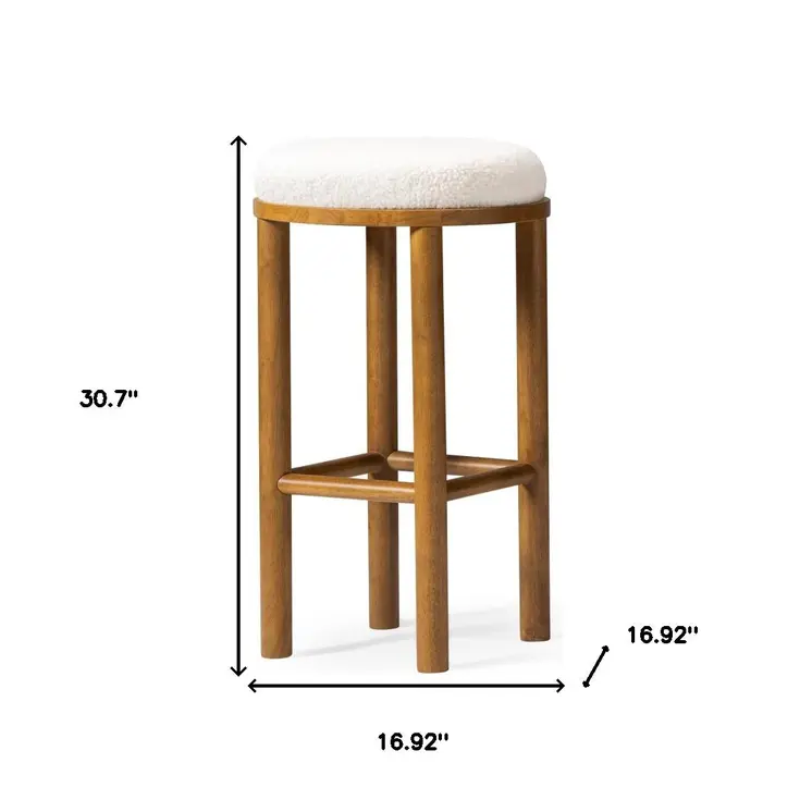 31" White and Natural Boucle and Solid Wood Backless Bar Height Bar Chair