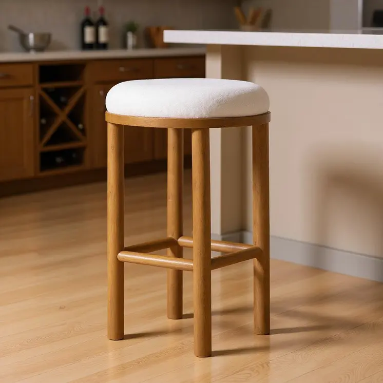 31" White and Natural Boucle and Solid Wood Backless Bar Height Bar Chair