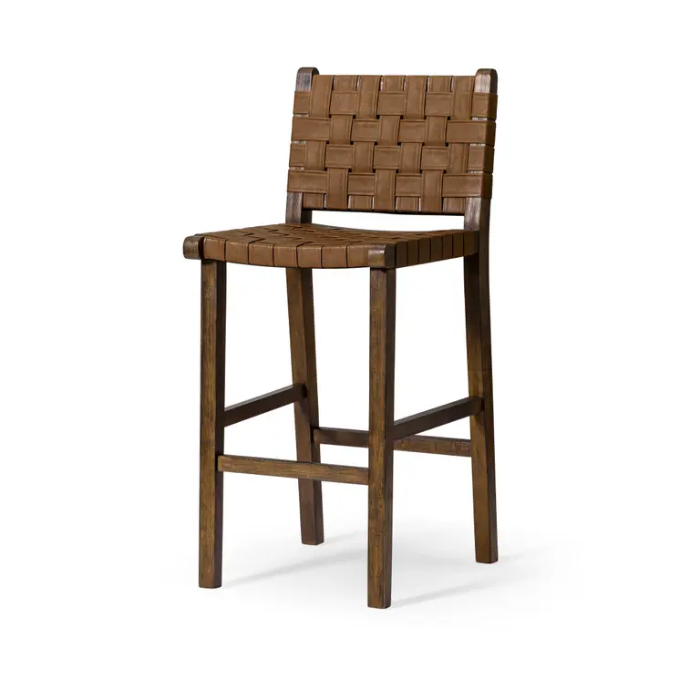 30" Brown Faux Leather and Solid Wood Bar Height Bar Chair