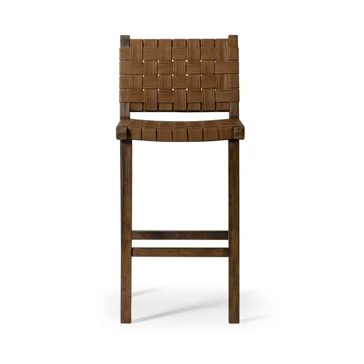 30" Brown Faux Leather and Solid Wood Bar Height Bar Chair