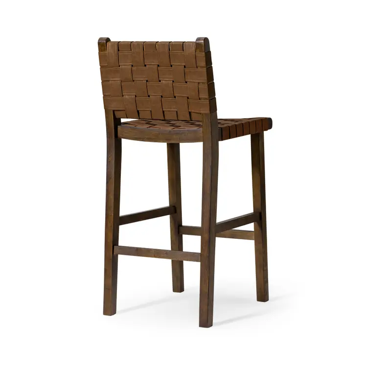 30" Brown Faux Leather and Solid Wood Bar Height Bar Chair
