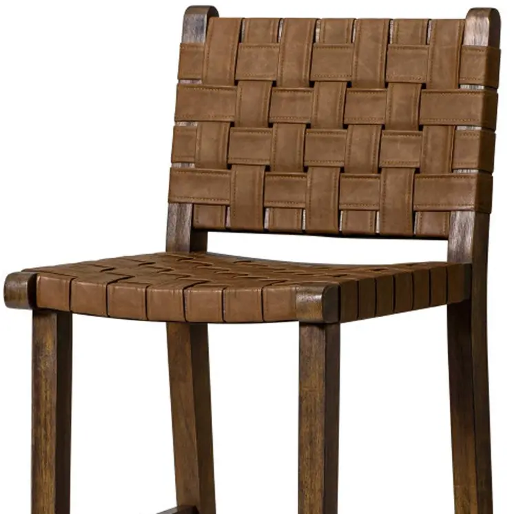 30" Brown Faux Leather and Solid Wood Bar Height Bar Chair
