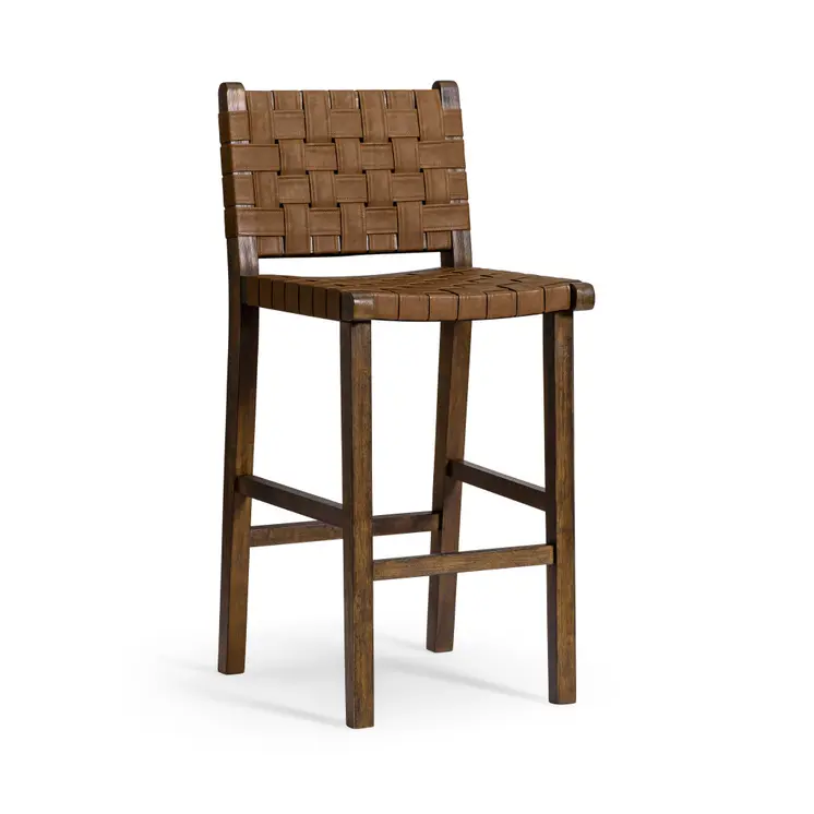 30" Brown Faux Leather and Solid Wood Bar Height Bar Chair