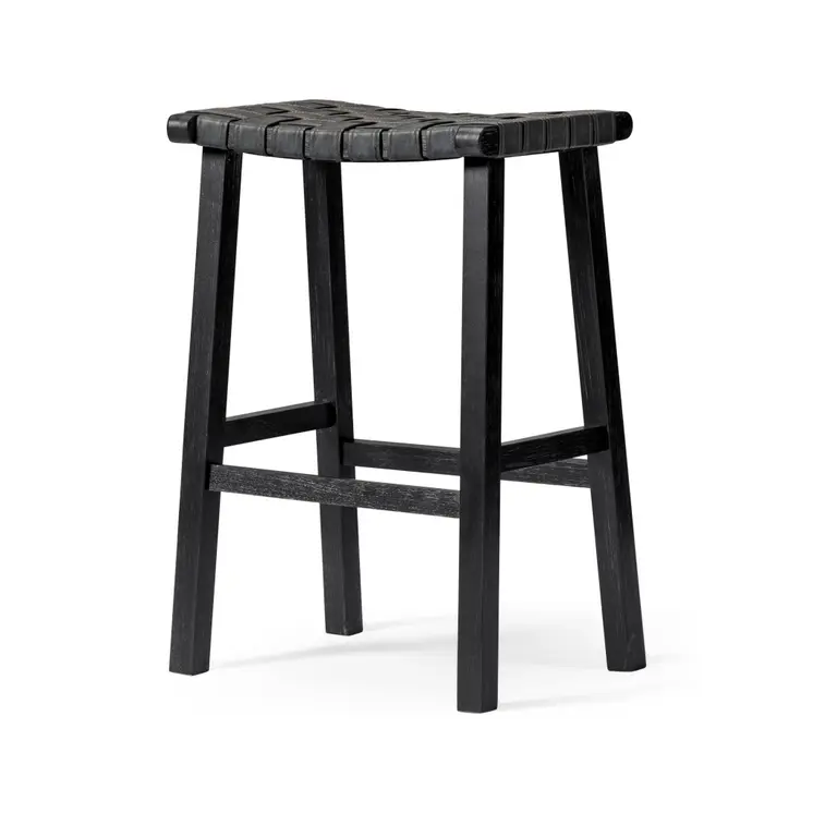 30" Charcoal and Black Faux Leather and Solid Wood Backless Bar Height Bar Chair