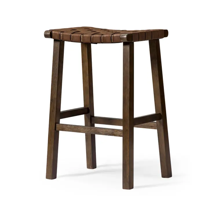 30" Brown Faux Leather and Solid Wood Backless Bar Height Bar Chair