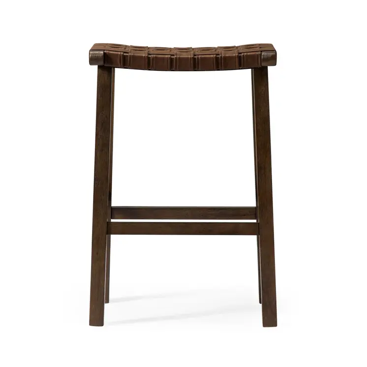 30" Brown Faux Leather and Solid Wood Backless Bar Height Bar Chair