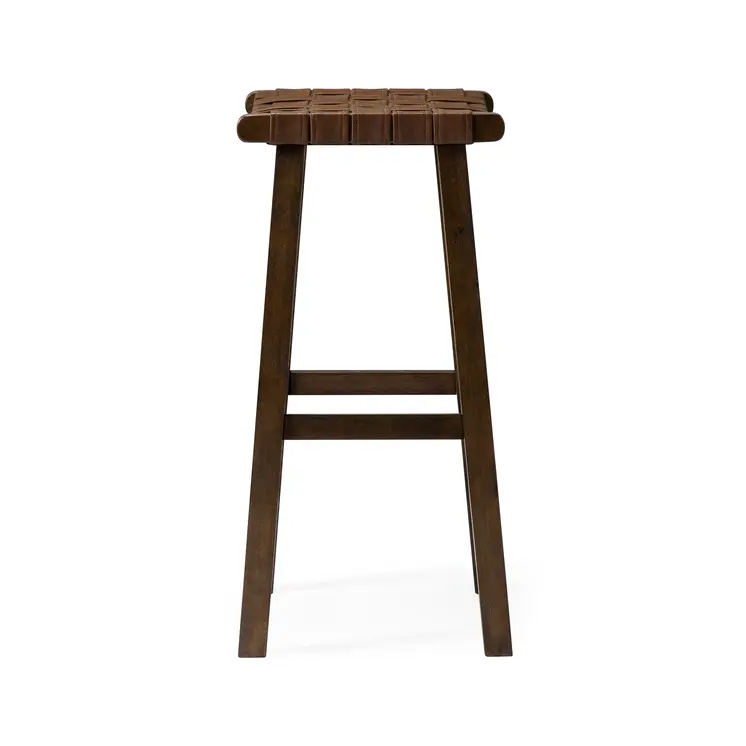 30" Brown Faux Leather and Solid Wood Backless Bar Height Bar Chair