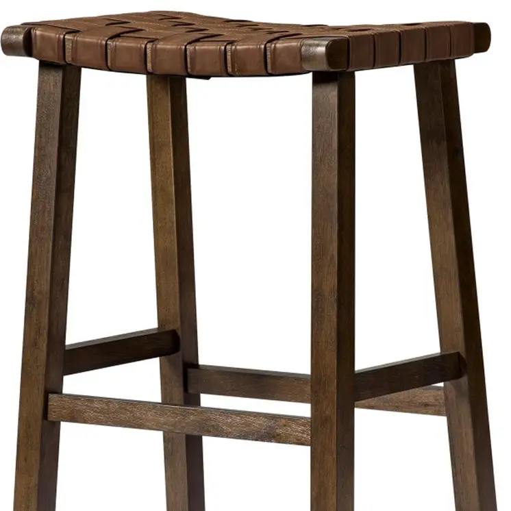 30" Brown Faux Leather and Solid Wood Backless Bar Height Bar Chair