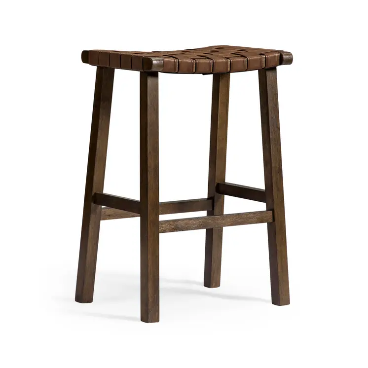 30" Brown Faux Leather and Solid Wood Backless Bar Height Bar Chair