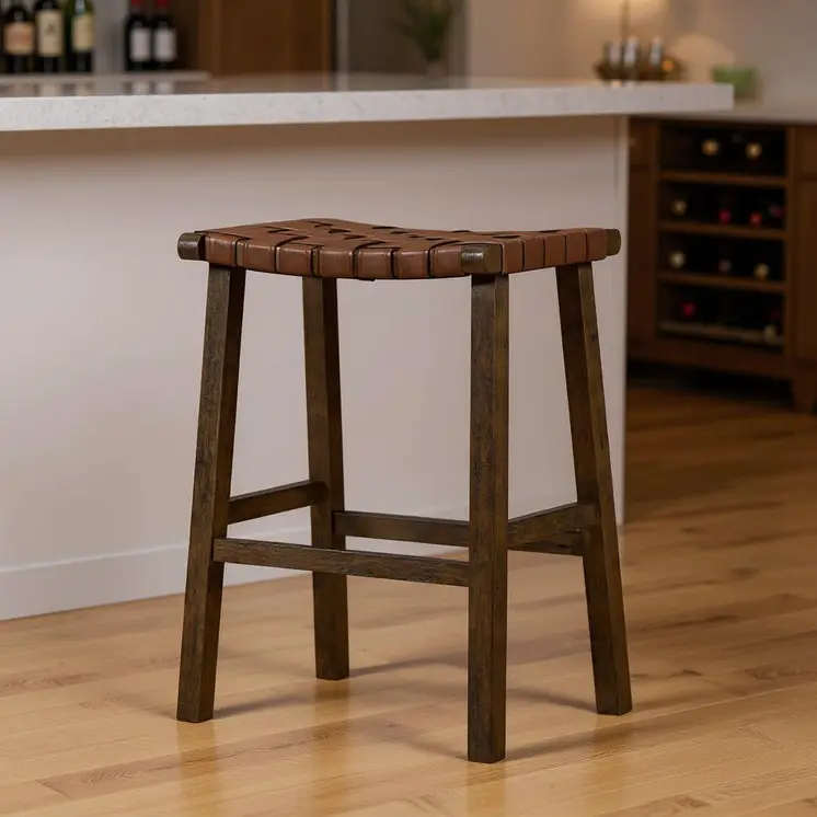 30" Brown Faux Leather and Solid Wood Backless Bar Height Bar Chair
