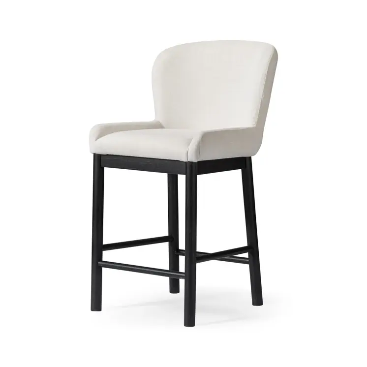 26" White and Black Fabric and Solid Wood Counter Height Bar Chair