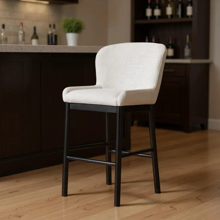31" White and Black Fabric and Solid Wood Bar Height Bar Chair