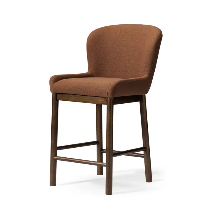 26" Brown Fabric and Solid Wood Counter Height Bar Chair