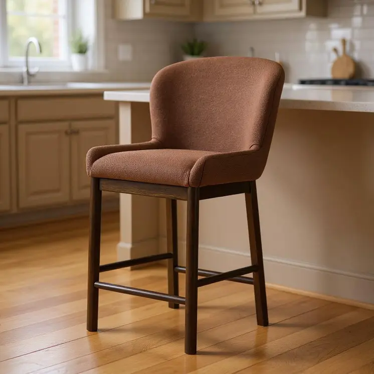 26" Brown Fabric and Solid Wood Counter Height Bar Chair