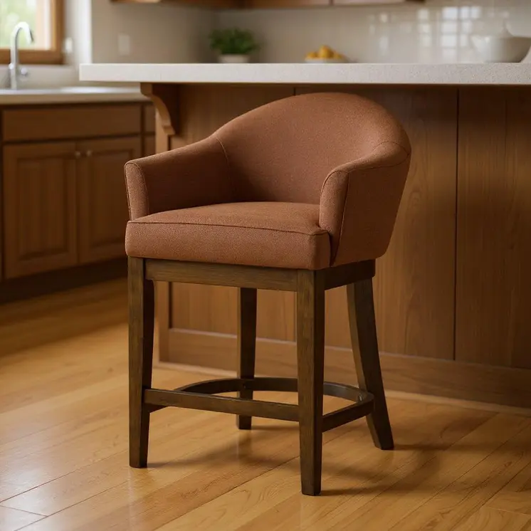 36" Bone and Brown Fabric and Solid Wood Counter Height Swivel Bar Chair