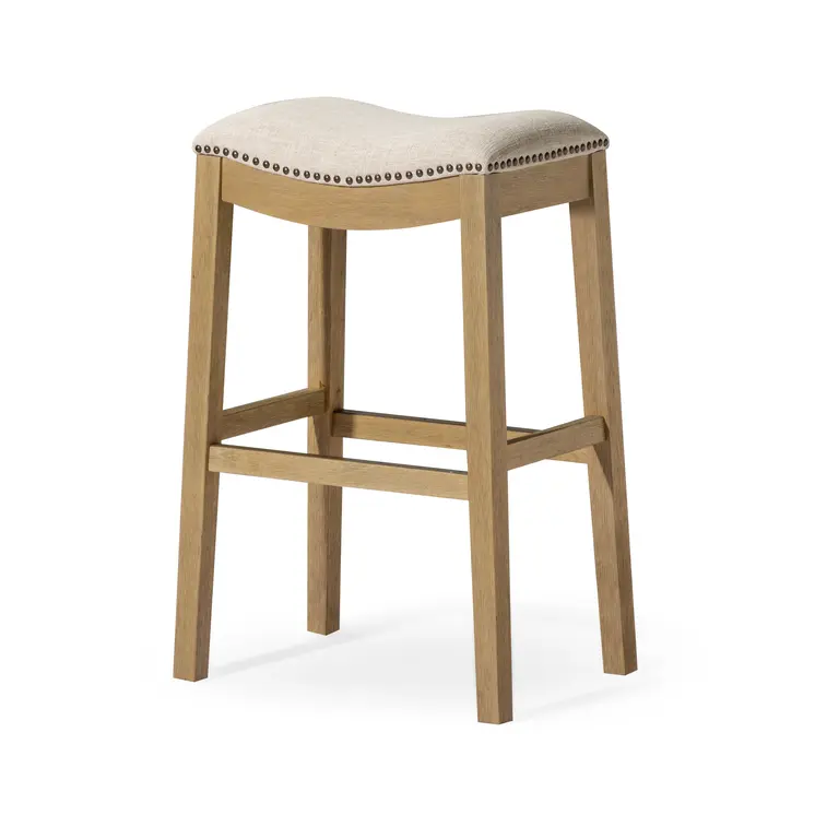 31" Beige and Natural Fabric and Solid Wood Backless Bar Height Bar Chair