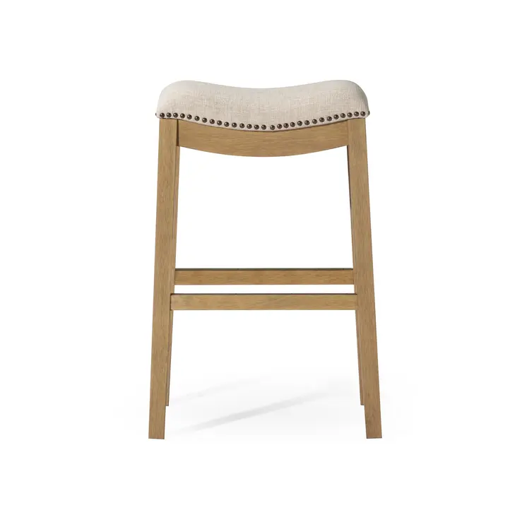 31" Beige and Natural Fabric and Solid Wood Backless Bar Height Bar Chair