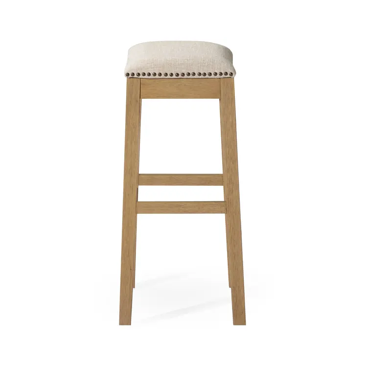 31" Beige and Natural Fabric and Solid Wood Backless Bar Height Bar Chair