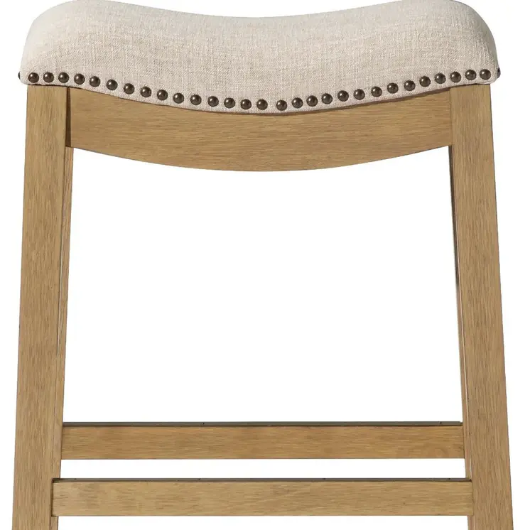 31" Beige and Natural Fabric and Solid Wood Backless Bar Height Bar Chair