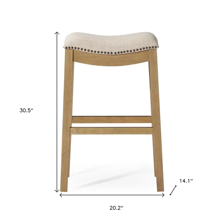 31" Beige and Natural Fabric and Solid Wood Backless Bar Height Bar Chair