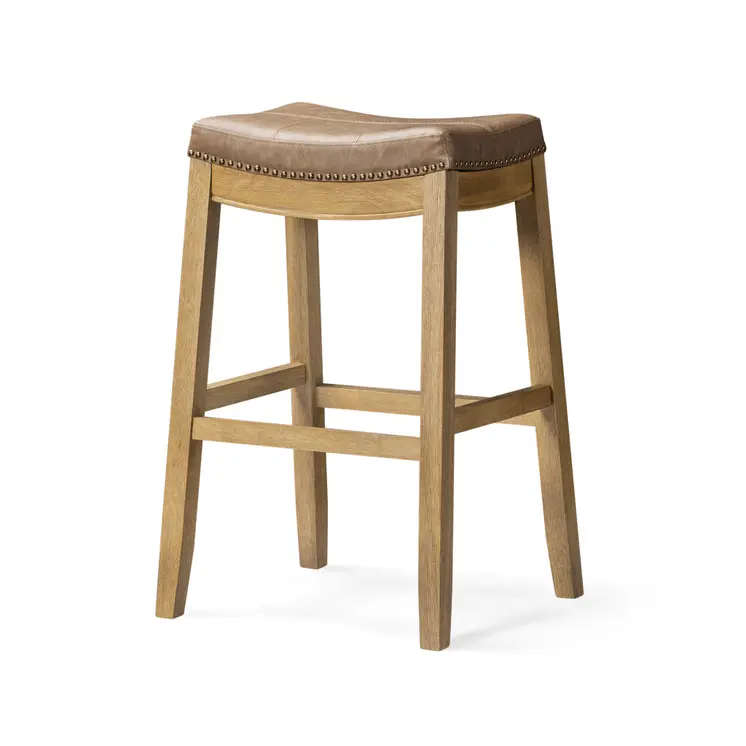 31" Brown and Natural Faux Leather and Solid Wood Backless Bar Height Bar Chair