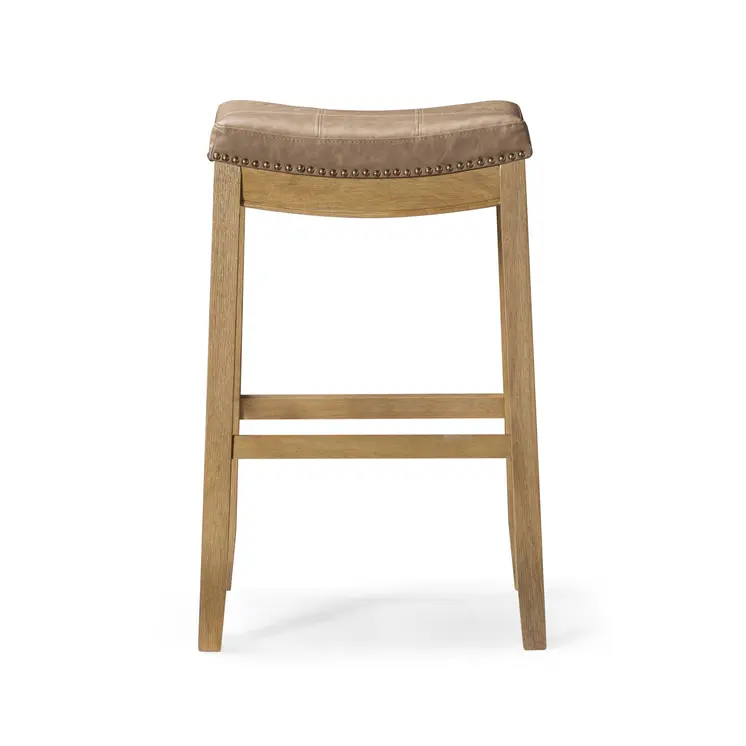 31" Brown and Natural Faux Leather and Solid Wood Backless Bar Height Bar Chair
