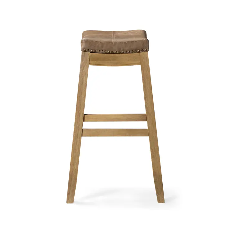 31" Brown and Natural Faux Leather and Solid Wood Backless Bar Height Bar Chair