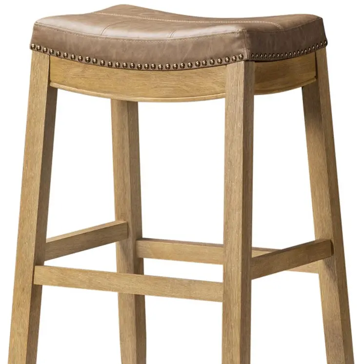 31" Brown and Natural Faux Leather and Solid Wood Backless Bar Height Bar Chair