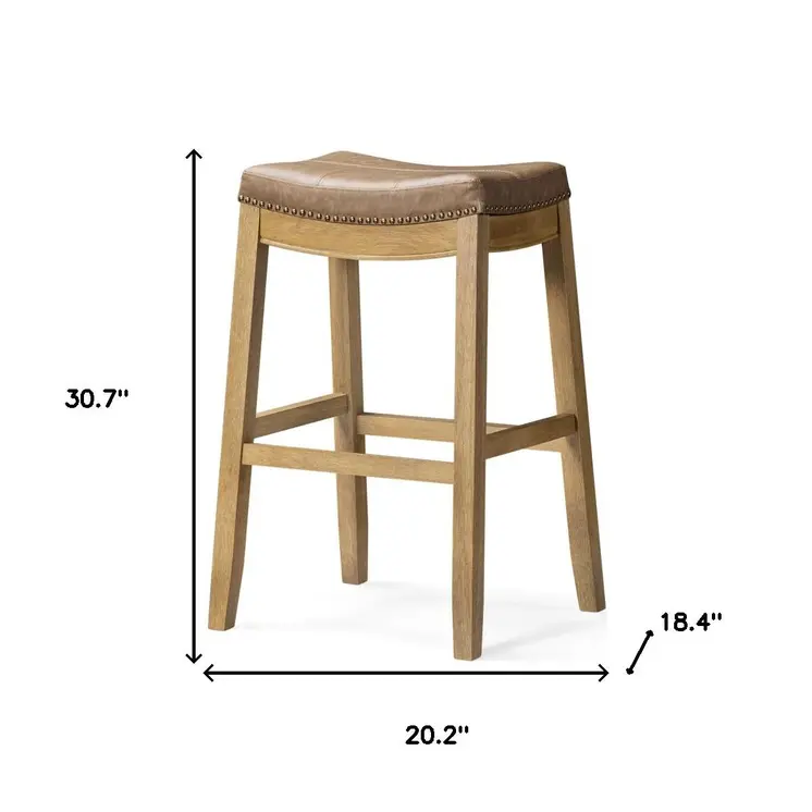 31" Brown and Natural Faux Leather and Solid Wood Backless Bar Height Bar Chair